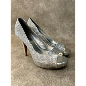 Essentials by A.B.S. Womens Glisten  Size 8.5 Silver  Peep Toe 4" Heel Pumps